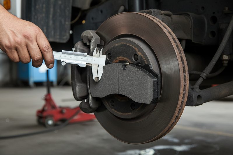ECE R90 brake pad wear indicator test setup showing rotor contact point and indicator thickness measurement