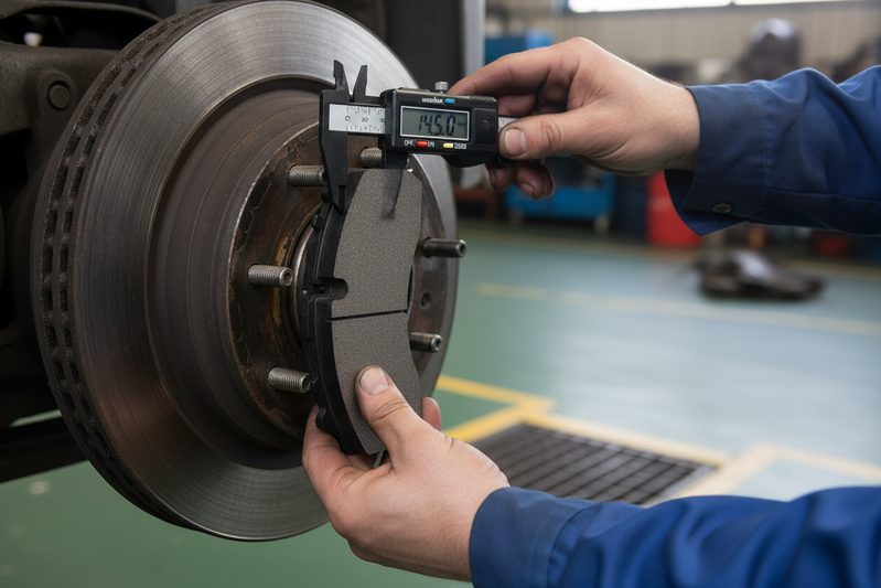 fleet maintenance technician inspecting electronic brake pad wear sensor on a Volvo truck axle