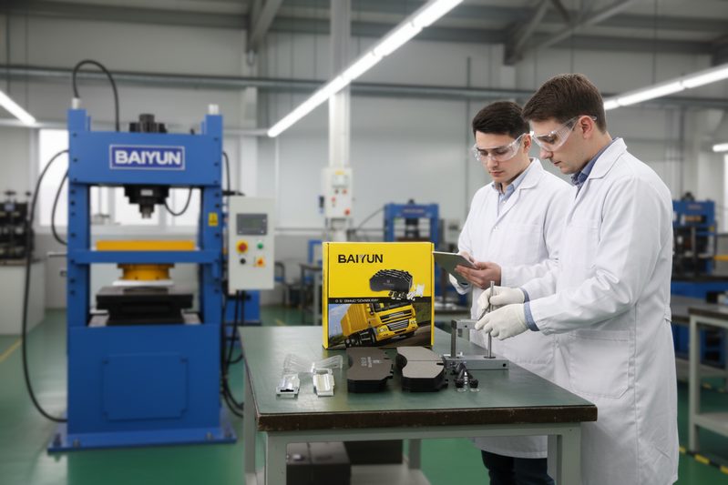 BAIYUN Brake quality control team inspecting ECE R90 compliance of brake pad wear indicators in factory