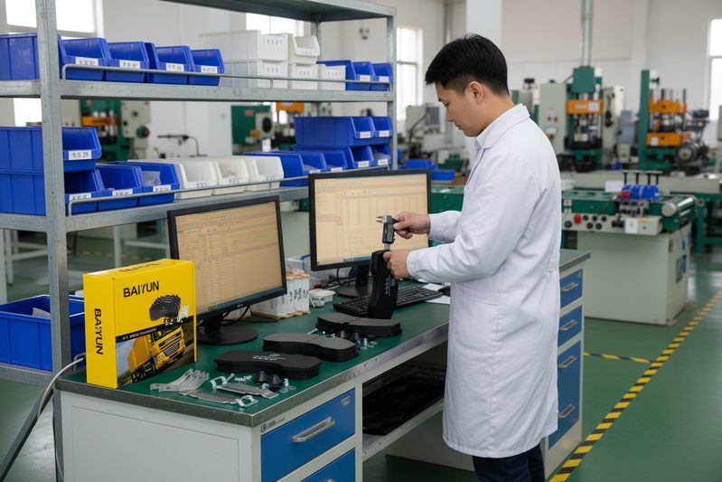 Engineer inspecting brake pad quality at a Chinese factory audit with measurement tools