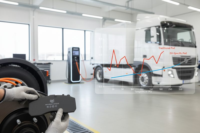 Technical comparison showing EV brake pad compound versus traditional pad on a dynamometer graph.