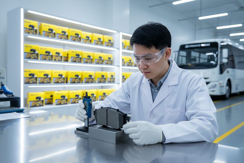 BAIYUN Brake engineer inspecting a batch of EV-specific brake pads in a quality control lab.