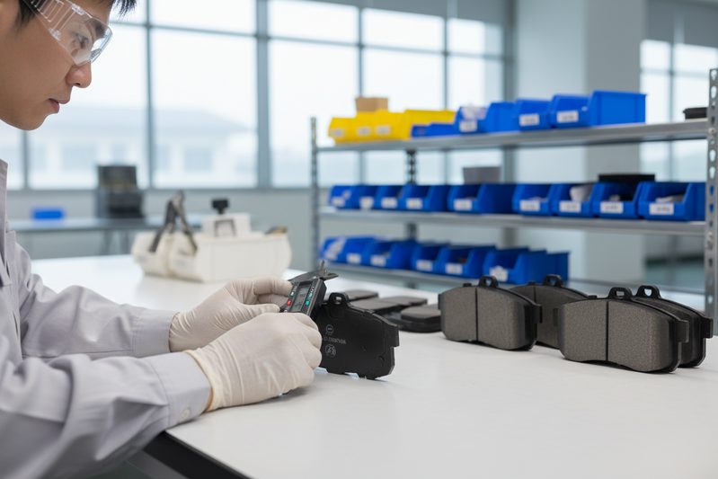 Brake pad manufacturing quality control at an IATF 16949 certified facility, ensuring consistent bonding for low noise performance.