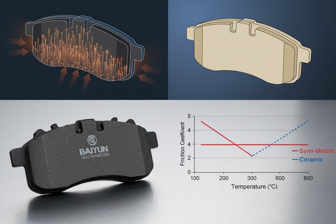 Comparison of semi-metallic vs ceramic brake pad performance data for importers from a wholesale manufacturer