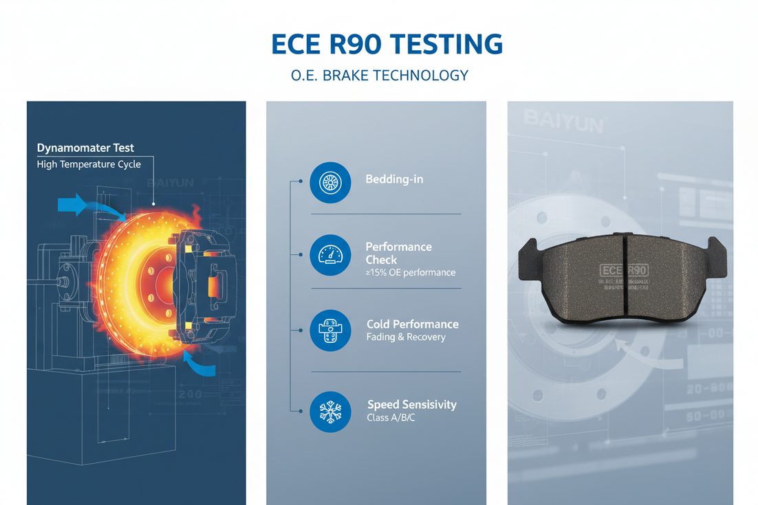 ECE R90 brake pad certification testing process diagram showing dynamometer and vehicle tests