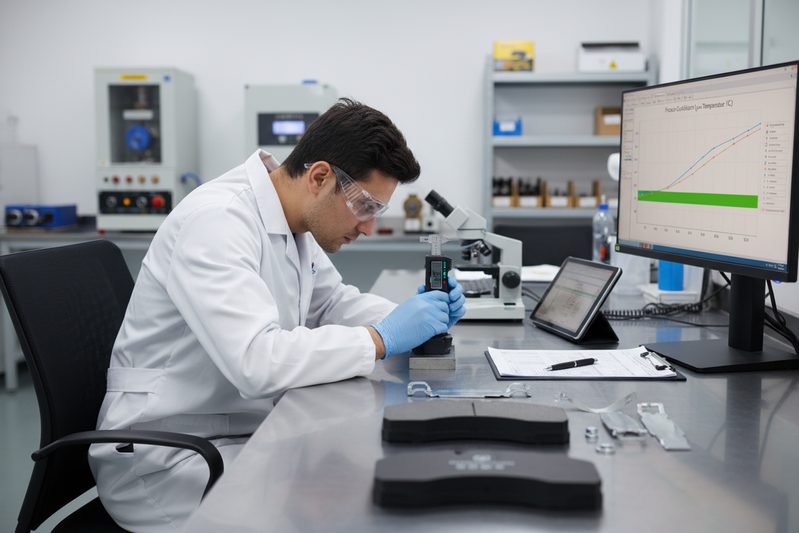 BAIYUN Brake technician inspecting ECE R90 certified brake pad compound in quality control lab