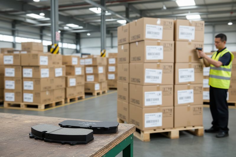 Stack of ECE R90 certified brake pad boxes ready for shipment to European distributors