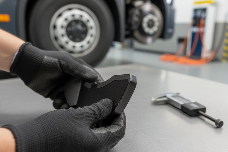 Close-up of an EV brake pad assembly with specialized shims and chamfers for noise reduction in electric vehicles.