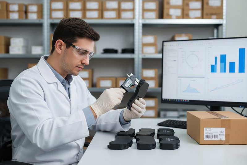 BAIYUN Brake engineer inspecting a batch of EV-specific brake pads in a quality control lab.