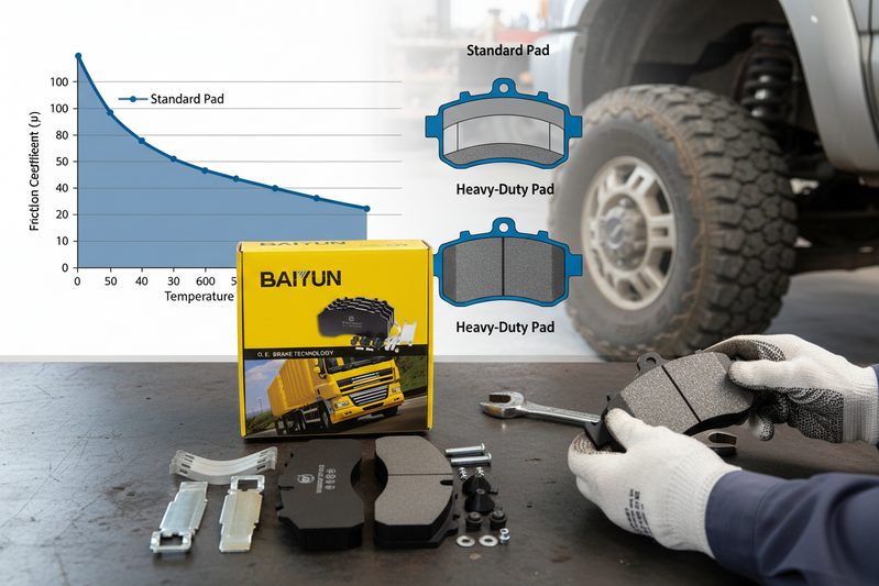 Technical diagram comparing friction coefficient stability of standard vs. heavy-duty truck brake pads across temperature ranges.