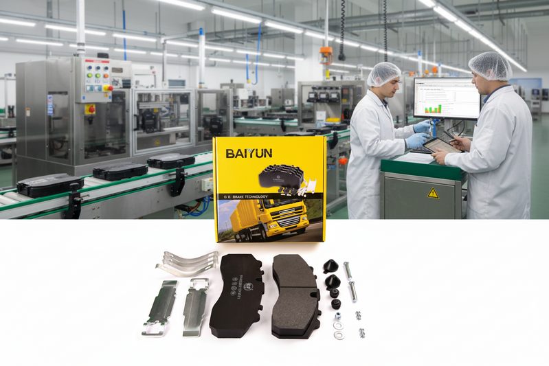 BAIYUN Brake manufacturing facility producing ECE R90 certified brake pads for SUV and truck applications.