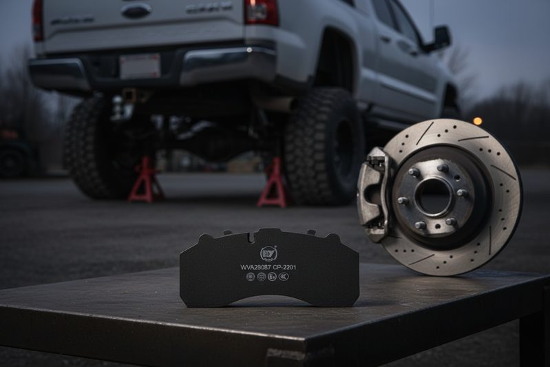 BAIYUN cp2201 brake pad beside a lifted pickup truck for 4WD towing application