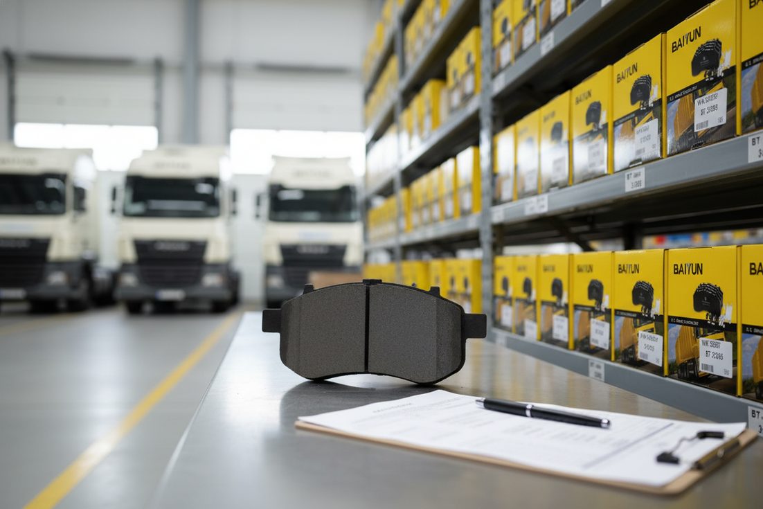 Heavy duty truck brake pads wholesale China - boxed sets on a warehouse shelf for fleet distribution