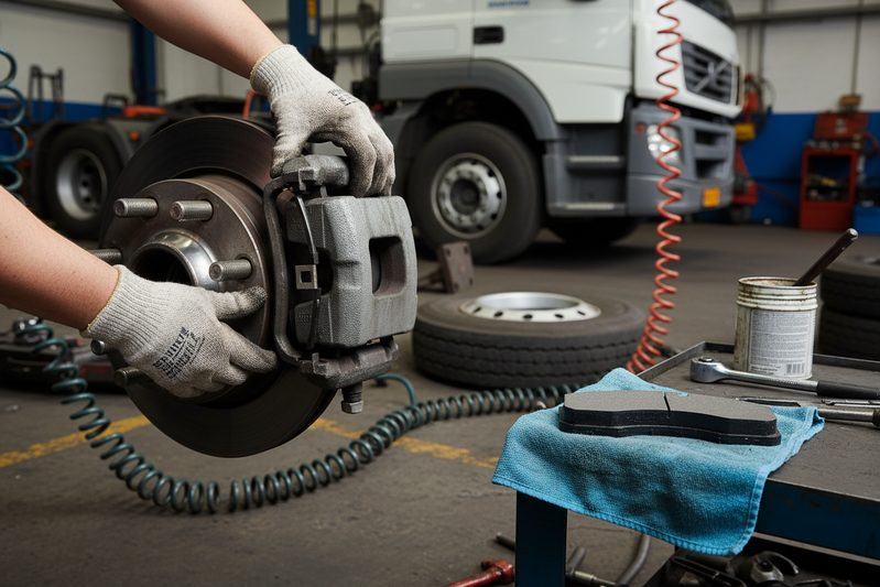 Close-up of a heavy duty brake pad friction surface showing wear indicators and material composition