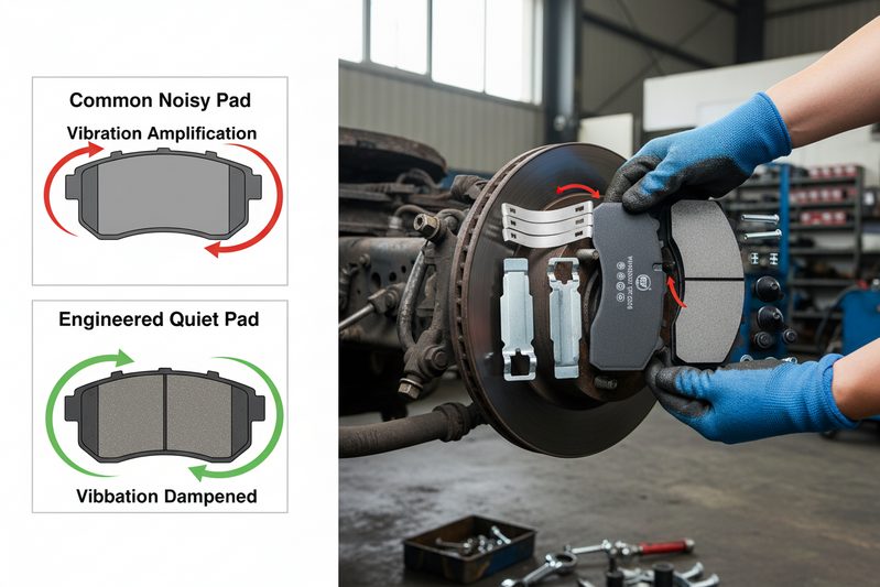 Diagram comparing the internal structure of a noisy brake pad versus a quiet brake pad with integrated shim and damping layers.