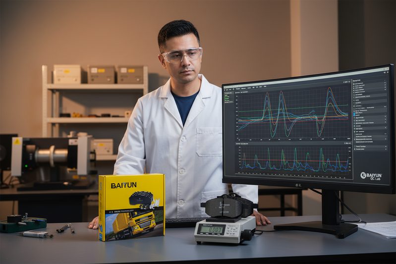 Professional image of a BAIYUN Brake engineer reviewing dynamometer NVH test data on a computer screen in a quality control lab.