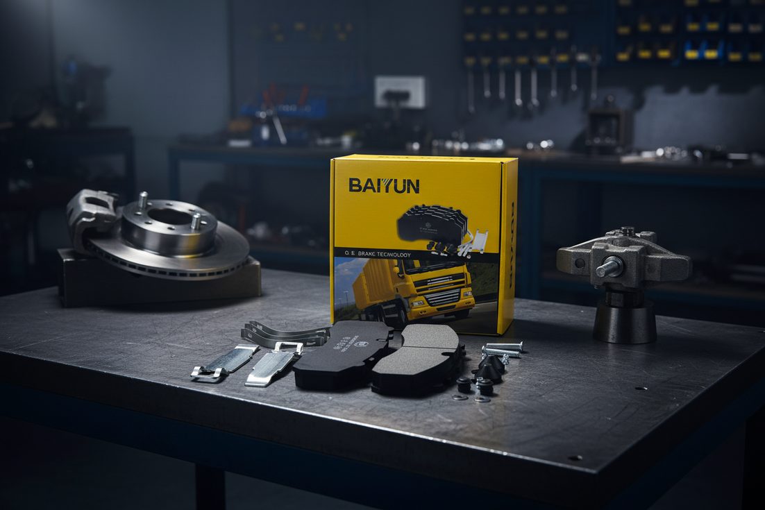 Brake pad wear indicator supplier wholesale - BAIYUN brake pad CP2203 with visible metal wear indicator tab on workbench