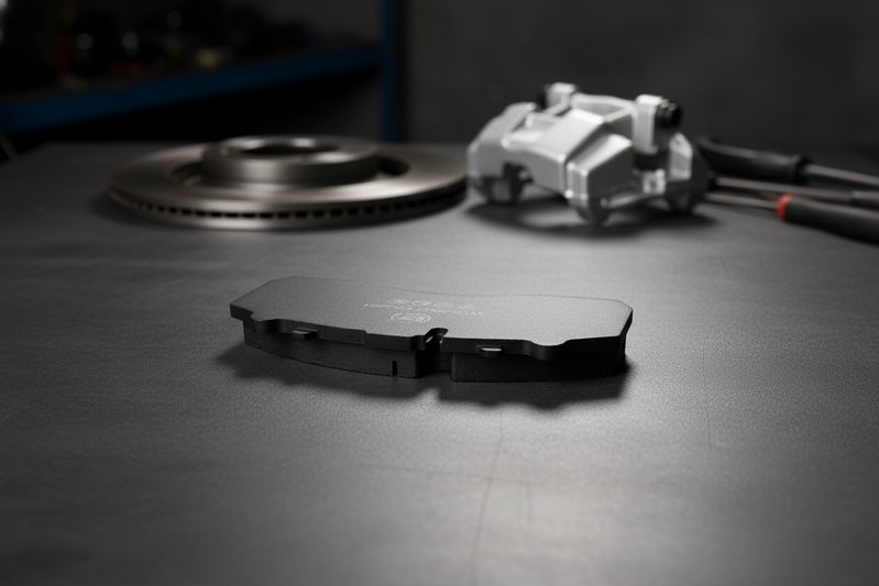 Close-up of ECE R90 certified brake pad installed in caliper assembly
