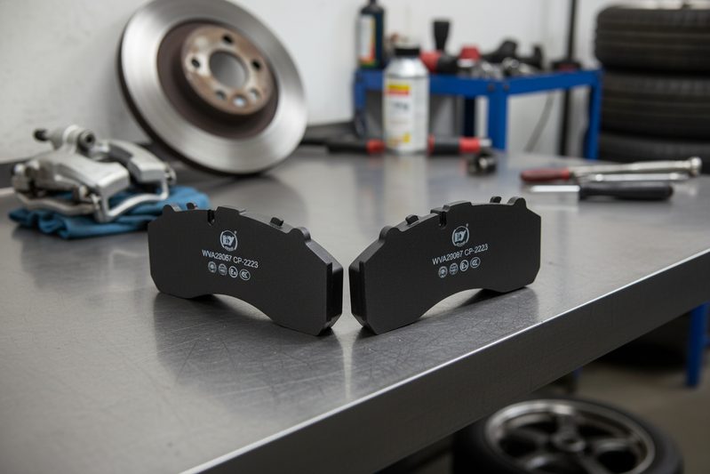 ECE R90 certified passenger car brake pad CP2223 being compared against homologation specifications in a workshop