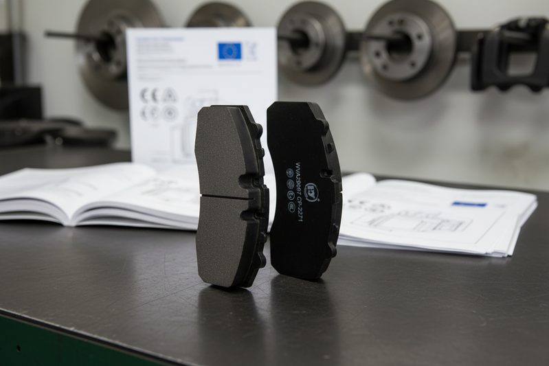 Technician inspecting brake pad ECE R90 approval markings in workshop setting