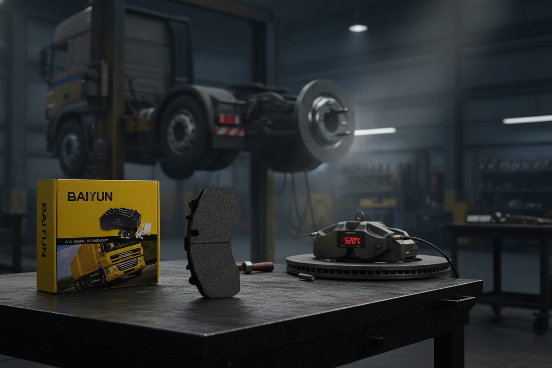 Semi-metallic brake pad CP2215 from wholesale manufacturer BAIYUN Brake installed in heavy-duty commercial vehicle caliper after high-temperature durability testing
