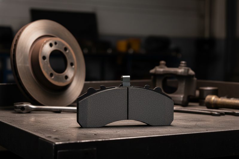 BAIYUN brake pad CP2271 close-up showing metal wear indicator clip and backing plate for distributor inspection