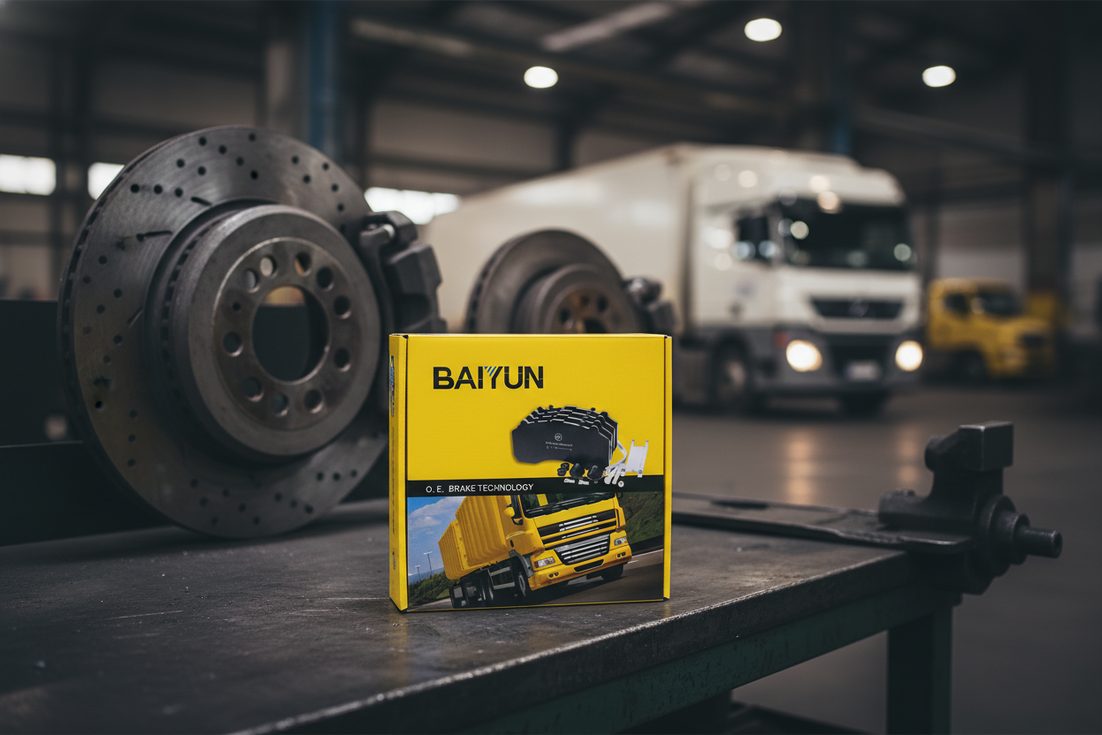 Brake pad break-in bedding procedure guide - repair kit box on workbench with brake components
