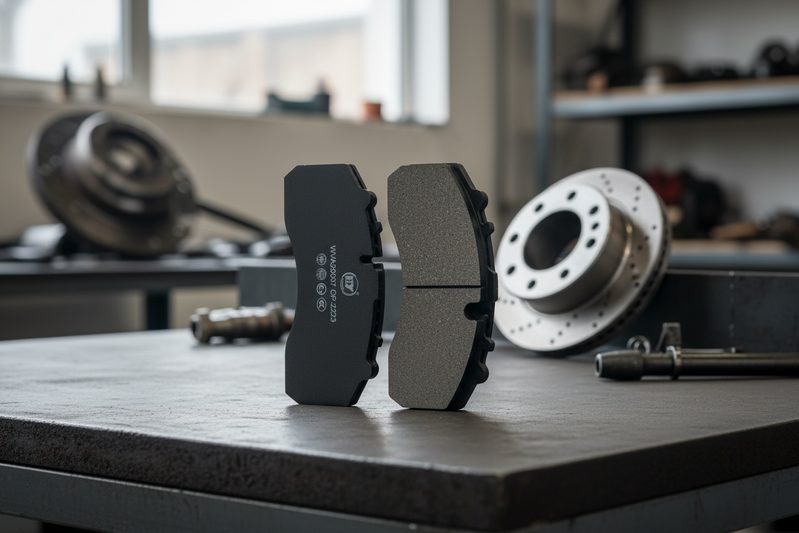 Ceramic brake pad cp2223 installed in caliper during bedding process, transfer film visible on rotor
