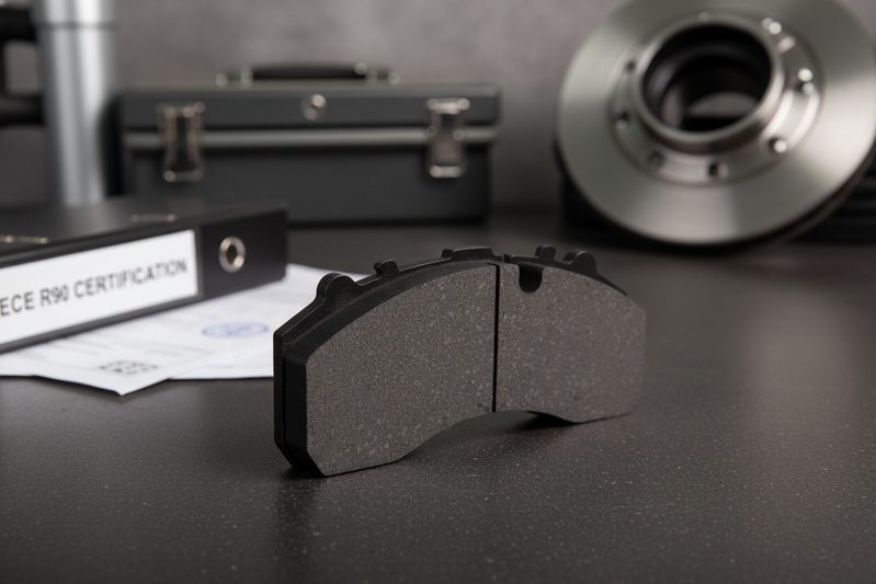 ECE R90 certified brake pad CP2223 being installed into a caliper over a brake disc, shown with proper tools