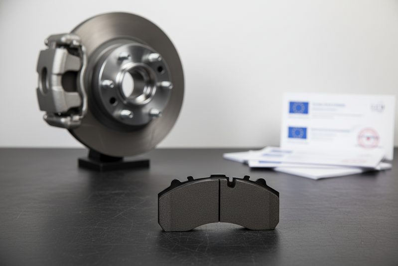 ECE R90 compliant commercial vehicle brake pad CP2203 installed in a heavy-duty caliper during a conformity verification