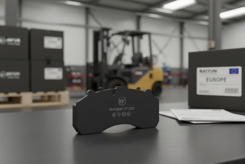 Warehouse pallet of ECE R90 certified brake pads ready for European export