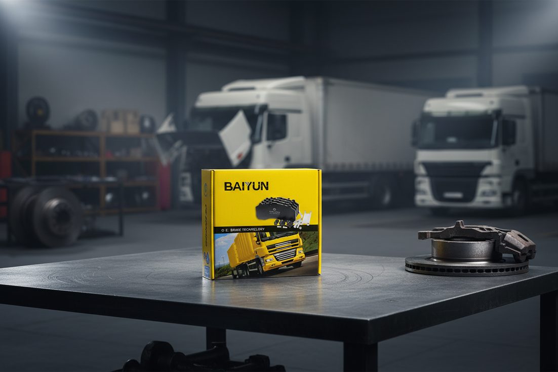 Brake pad break-in bedding procedure guide featured image showing BAIYUN brake pad box and brake system