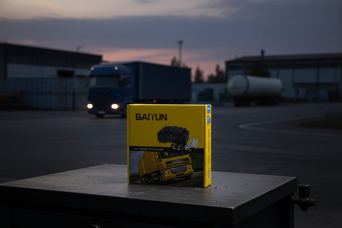 Brake pad break-in bedding procedure guide kit box on workbench near ventilated brake disc and caliper