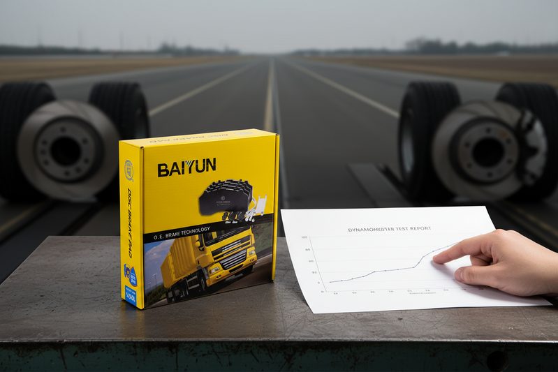 BAIYUN CP2215 brake pads in packaging on a workbench with dynamometer test report highlighting break-in compliance