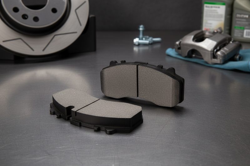 Two ECE R90 approved CP2203 brake pads next to a brake caliper and disc on a clean workshop background