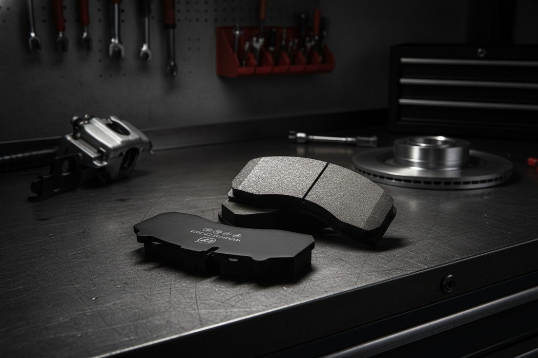 Yutong Bus brake pad guide – BAIYUN cp2223 heavy-duty bus brake pad on a workbench with a Yutong bus in background