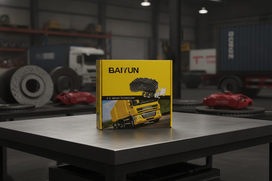 Brake pad certification export markets DOT ECE R90 import budgeting - BAIYUN brake repair kit box on an import manager's desk