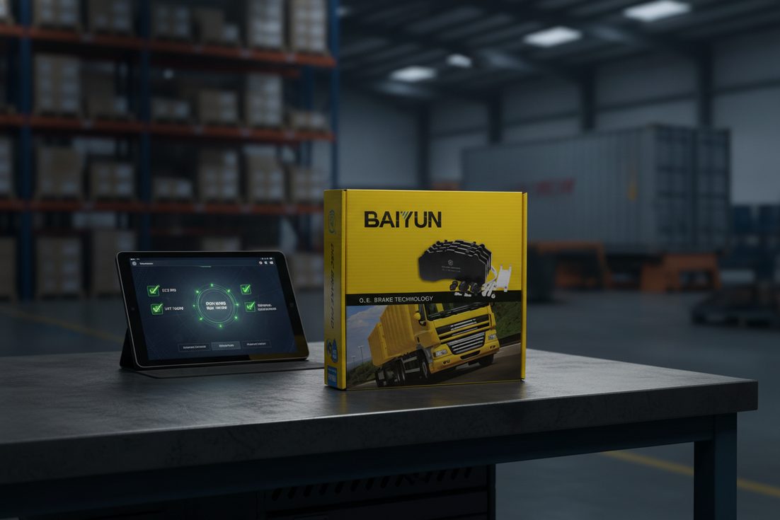 Brake pad certification export costs and timelines planning scene with a BAIYUN brake pad repair kit box in an export warehouse