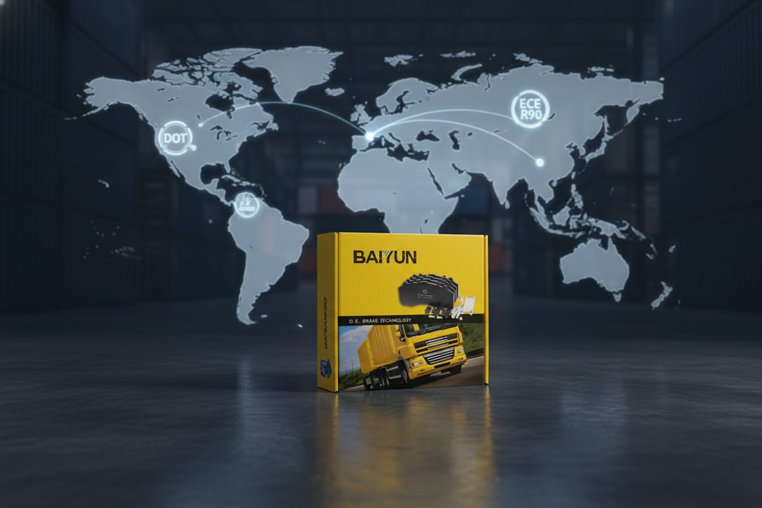 Global brake pad certification map for exporters with DOT ECE R90 JASO standards illustrated