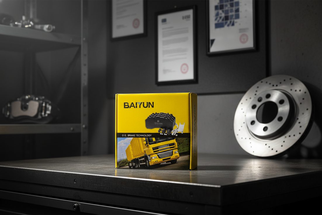 ECE R90 certified brake pads China supplier BAIYUN brake pad repair kit box on workbench with brake disc and caliper behind