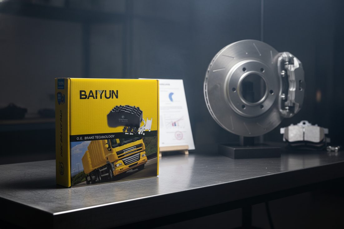 ECE R90 certified brake pads China supplier repair kit box on workbench with commercial vehicle brake disc and caliper