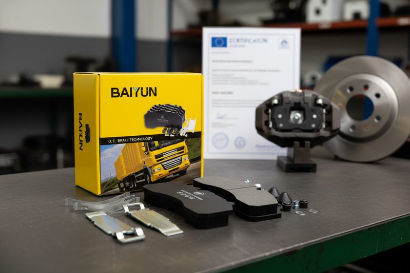 ECE R90 certified brake pad CP2223 being installed into passenger car brake caliper with disc rotor visible