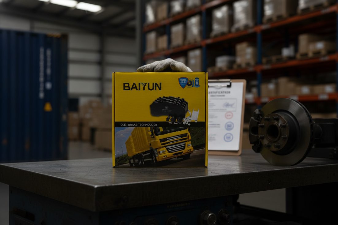 BAIYUN Brake pad certification export markets DOT ECE R90: distributor holding a certified brake pad box in a warehouse