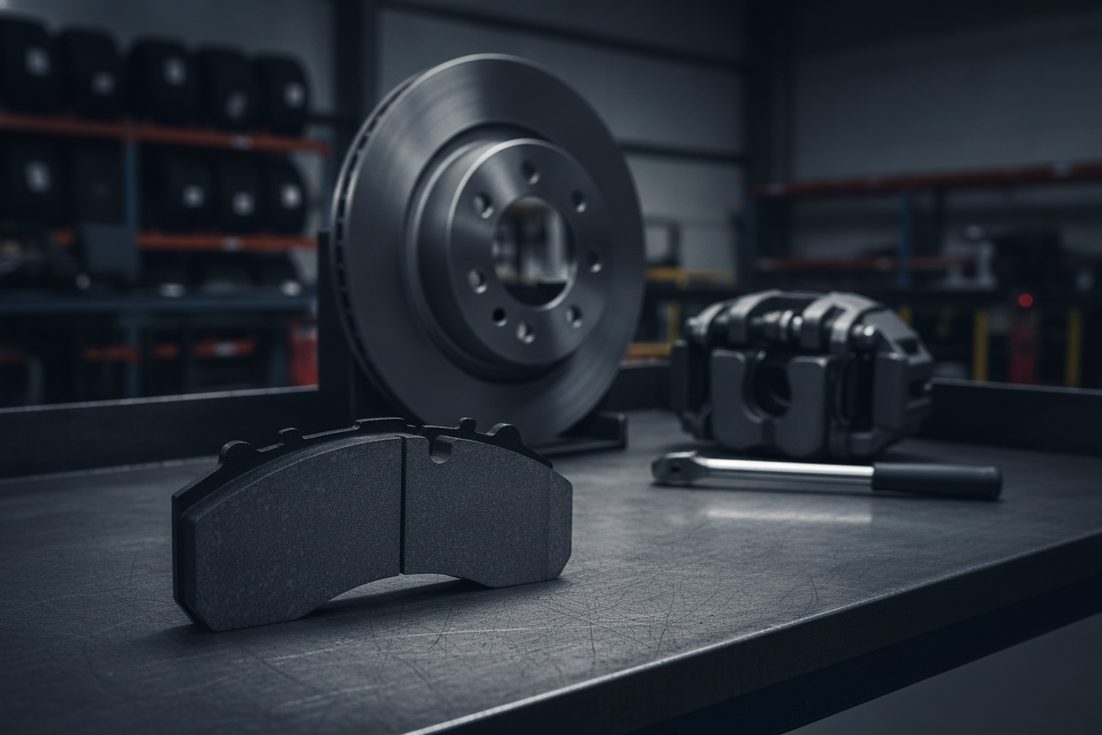 Sinotruk HOWO brake pad guide – heavy-duty commercial vehicle brake pad set displayed on workbench