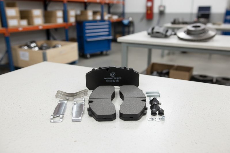 Sinotruk HOWO brake pad replacement – caliper inspection with new BAIYUN brake pads ready for installation