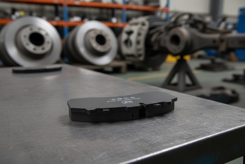 BAIYUN cp2218 brake pad installation step showing pad insertion into commercial vehicle caliper bracket