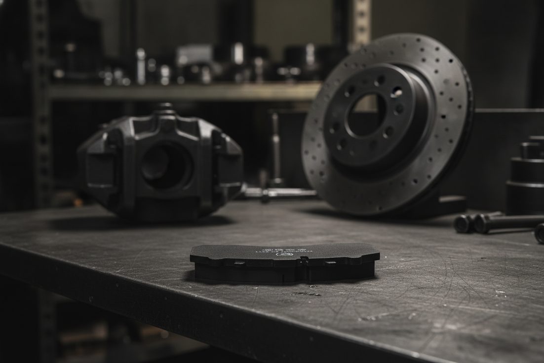 Hino Truck brake pad guide featured image showing heavy-duty brake pad set next to a ventilated commercial disc brake rotor