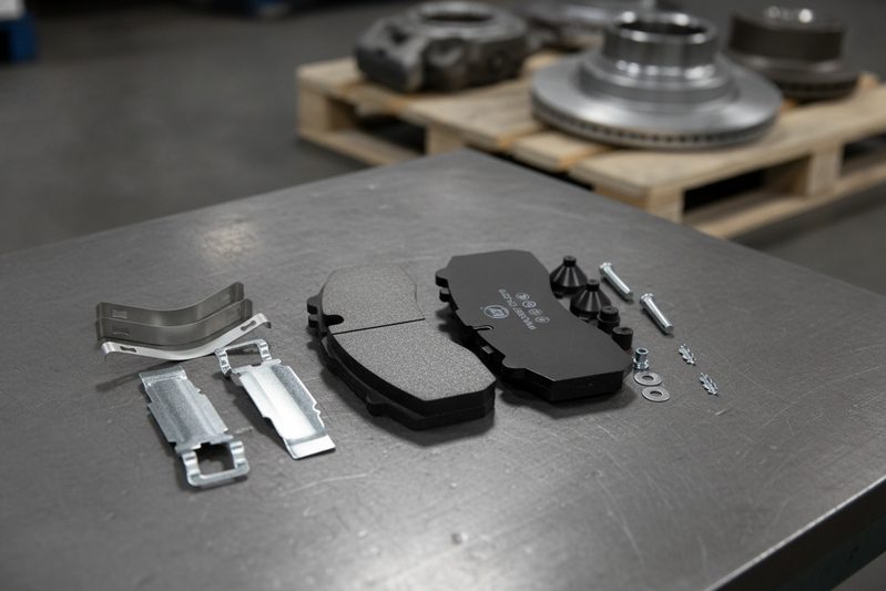 BAIYUN Brake ECE R90 certified commercial vehicle brake pad set on white background with wear sensor