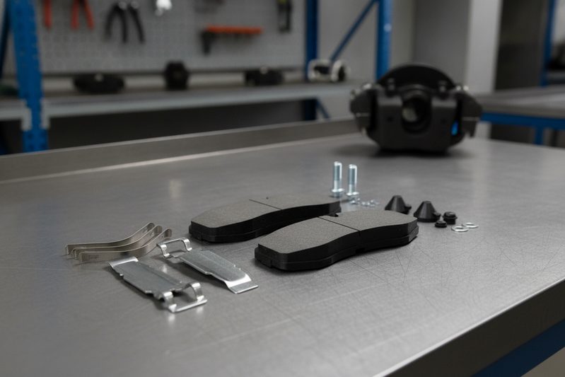 BAIYUN Brake commercial vehicle brake pad model cp2215 installed in a heavy-duty truck caliper system, showcasing a certified brake pad alternative.