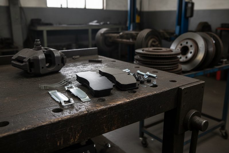 Installing commercial vehicle brake pads into a heavy-duty truck caliper on a lift